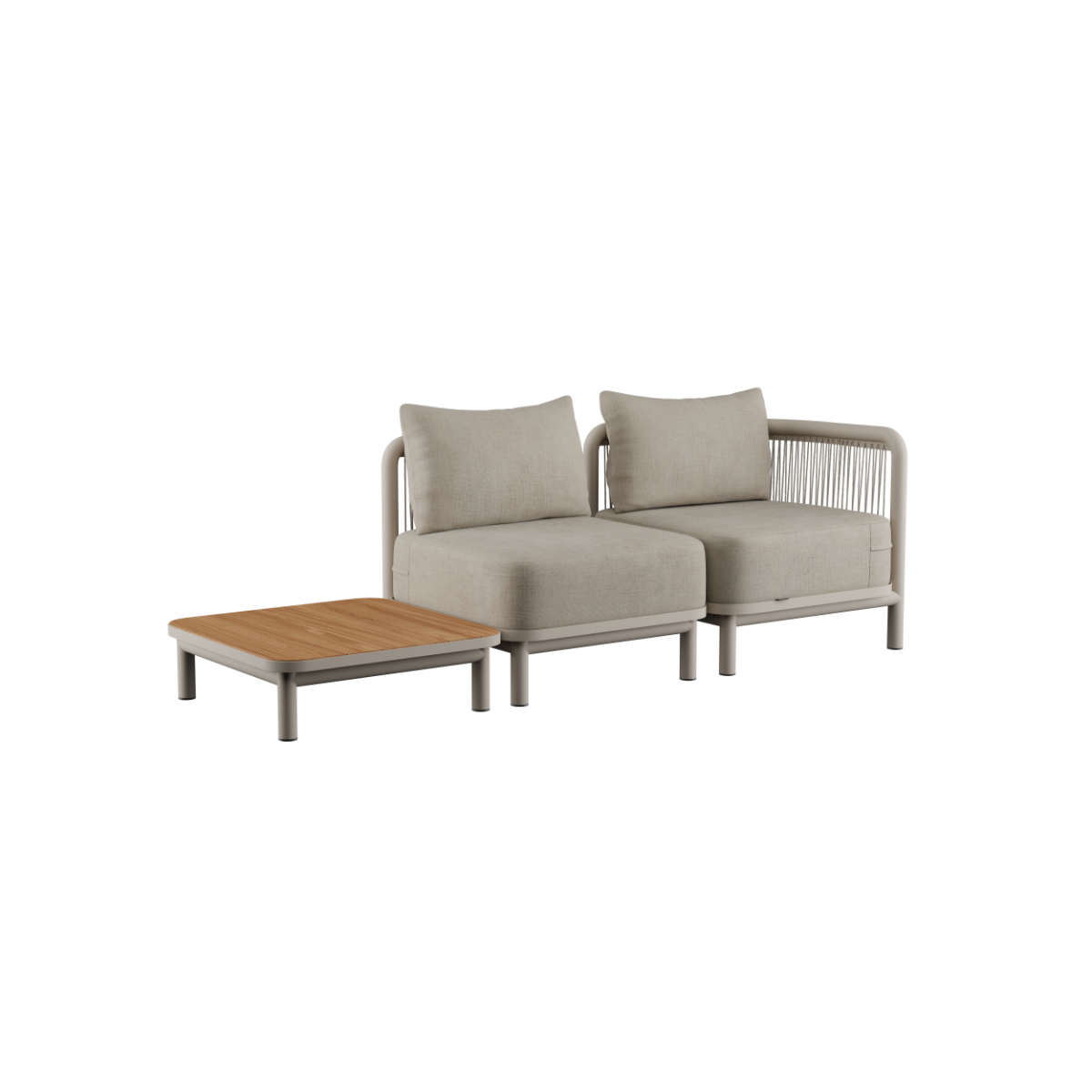 Kirra Lounge Sofa 2-seter i Kirra Sand med Kirra bord i teak og pulverlakkert aluminium, utendørs.