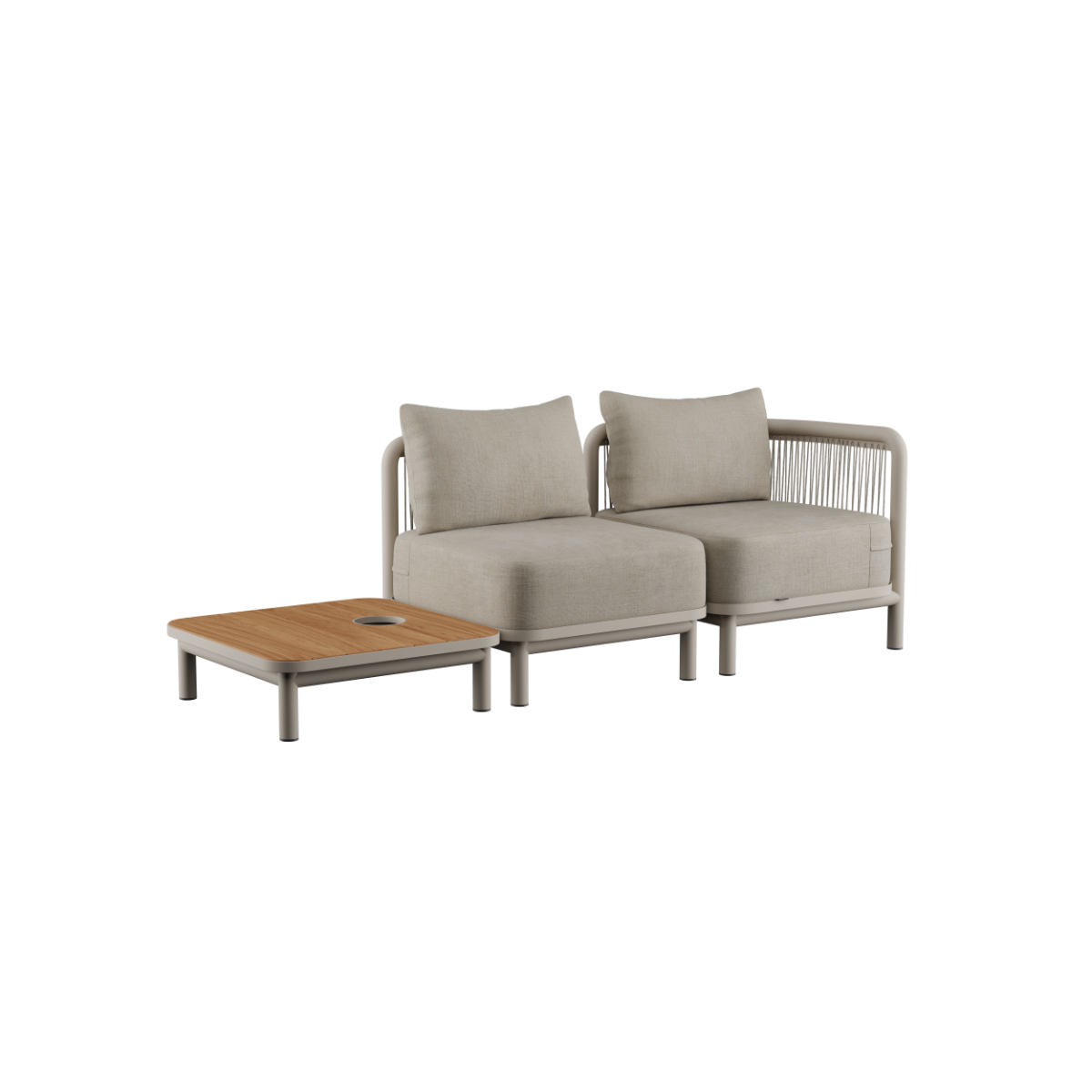 Kirra Lounge Sofa 2-seter i sandfarge med tilpasset Kirra bord i teak og pulverlakkert aluminium.