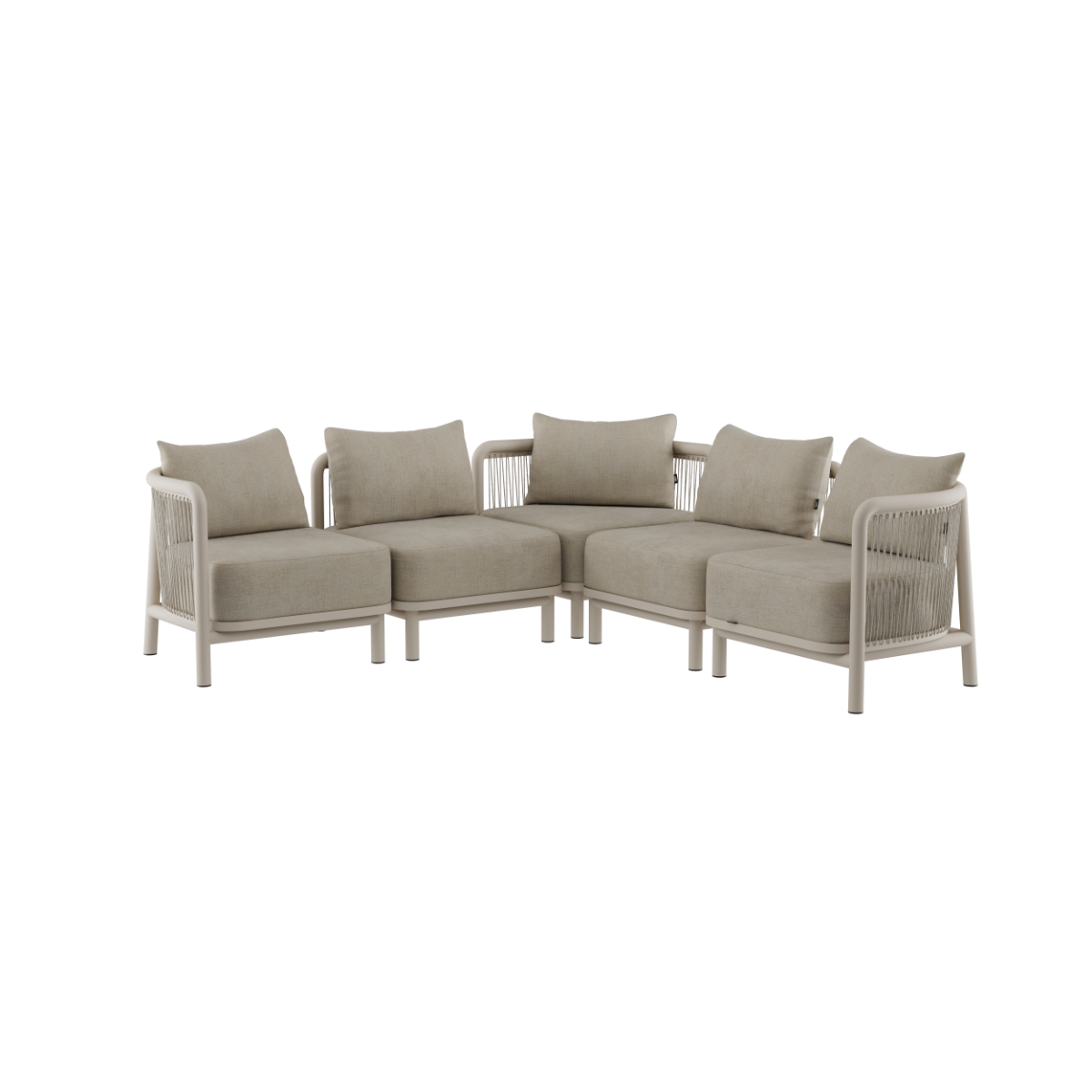 Kirra Lounge Sofa hjørnesofa i sandfarget olefin-tekstiltrekk med aluminiumsramme.