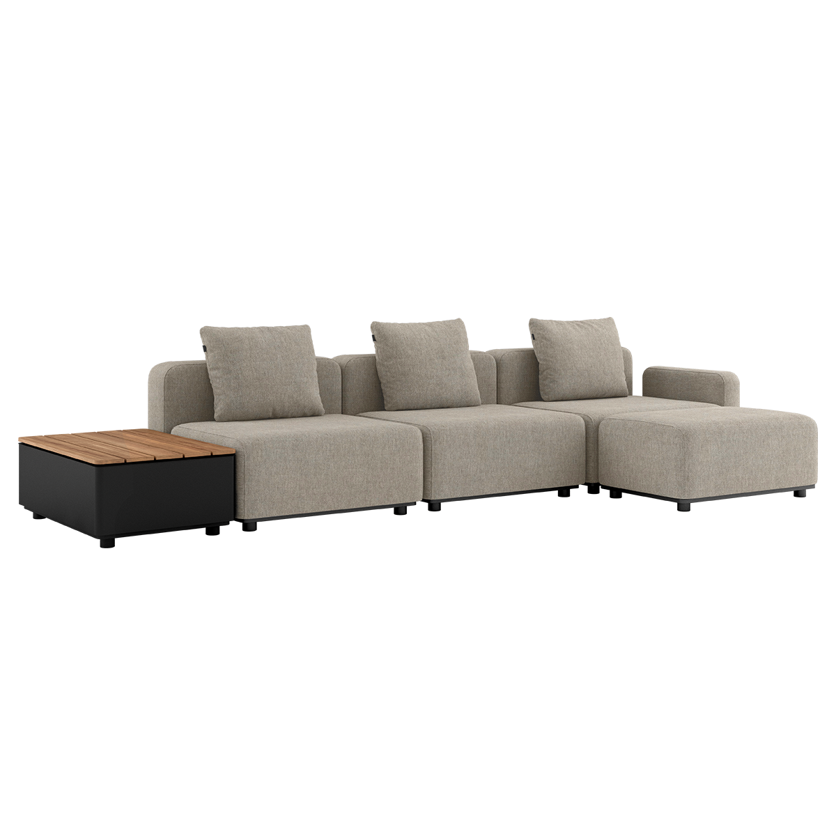 Kirra Sand Cobana Lounge Sofa 3-seter med puff og Patio Storage Table i aluminium og teak
