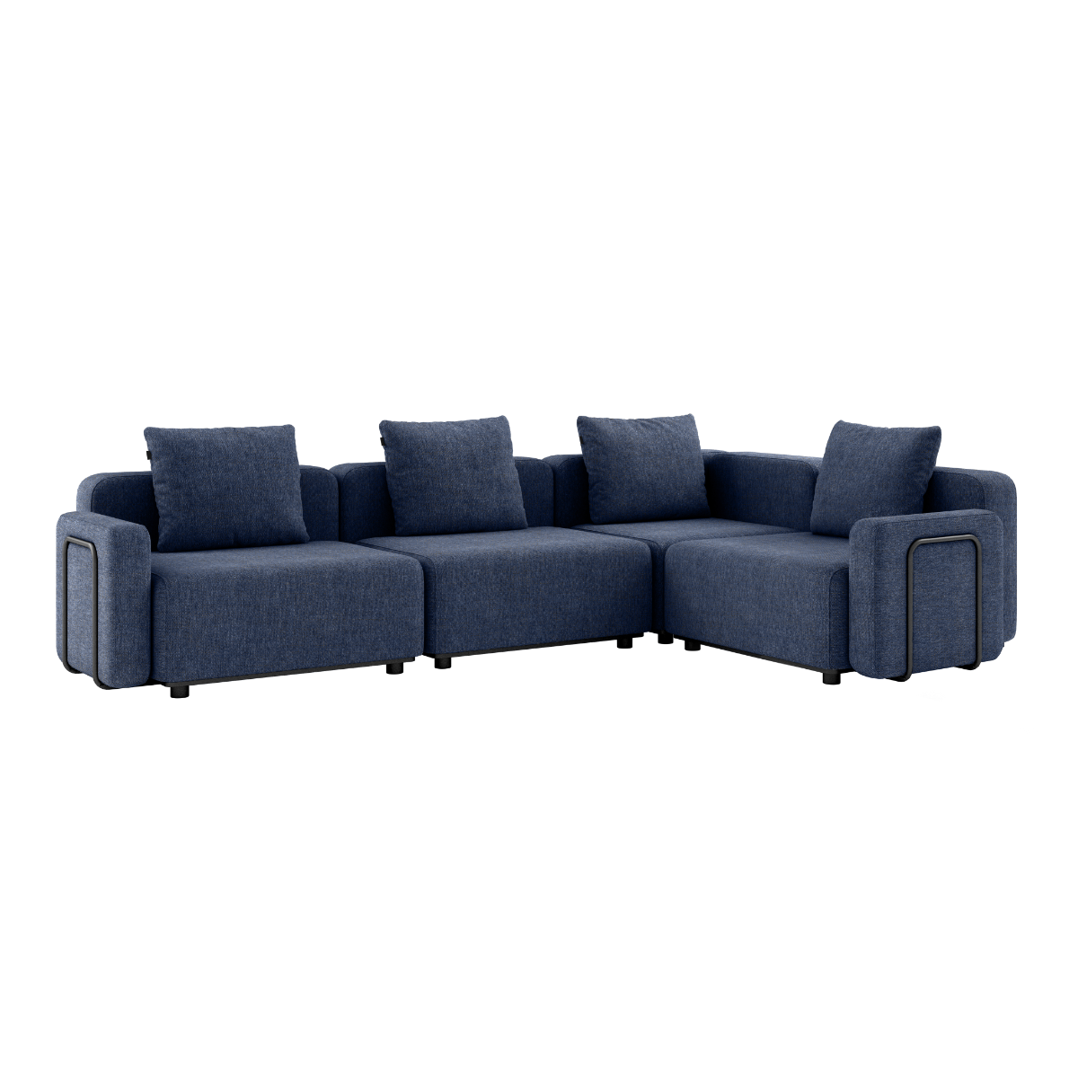 Modulær Kirra Indigo Cobana Lounge sofa med armlener i aluminium og olefintekstil, utendørs hjørnesofa.