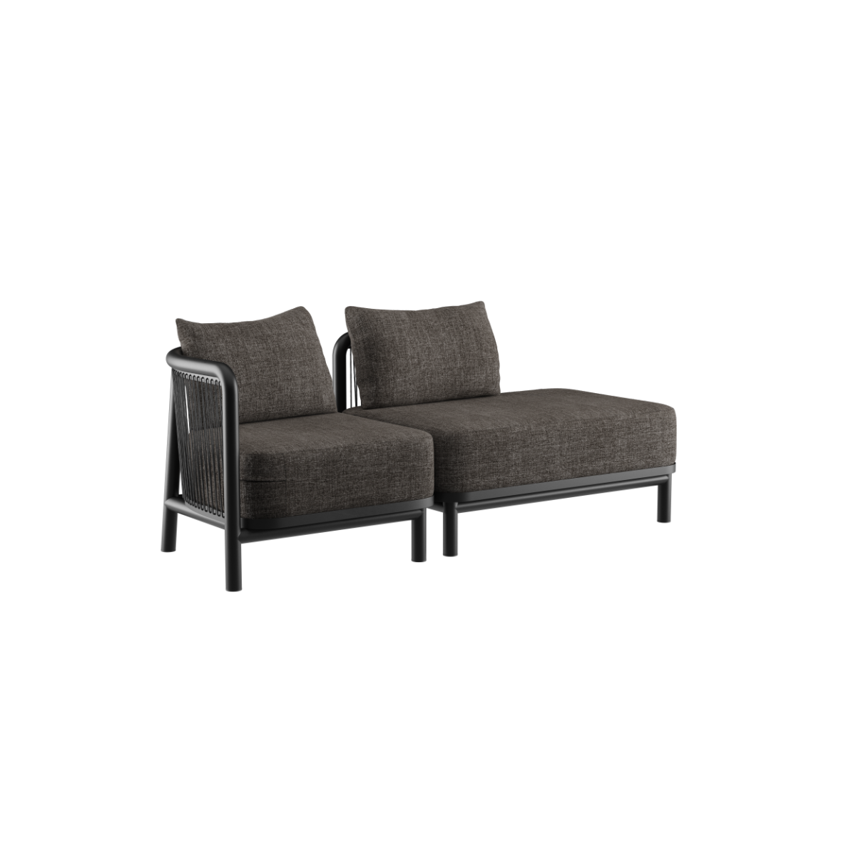 Kirra Lounge Sofa 2-seter i Kirra Noir med åpen ende på venstre side, utendørs aluminiumsramme og olefin-tekstiler.