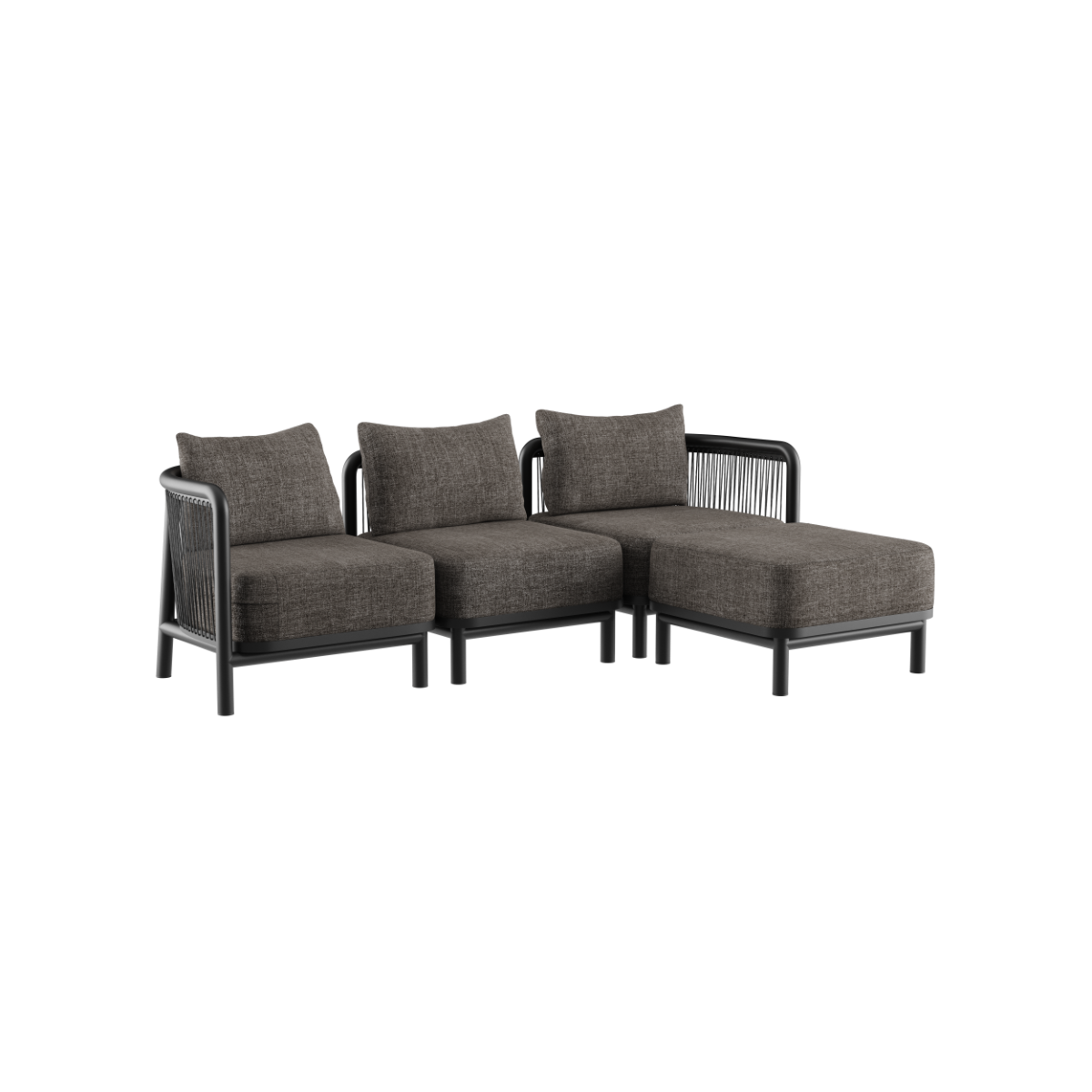 Kirra Lounge Sofa i Kirra Noir med puff, modulær utendørs sofa med aluminiumsramme og olefin-tekstiler