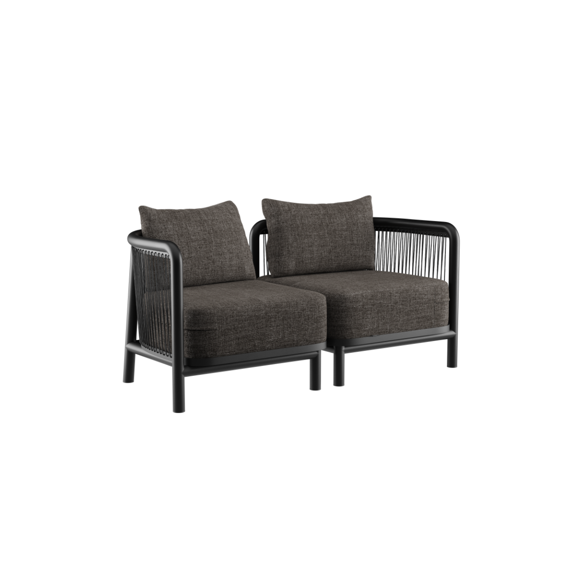 Kirra Lounge Sofa 2-seter i svart med aluminiumsramme og olefin-tekstiler, moderne utendørs design.