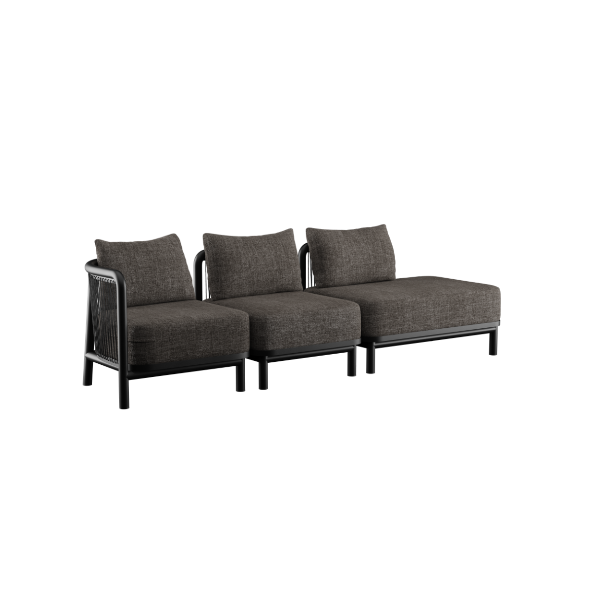 Kirra Lounge Sofa 3-seter med venstre åpen ende i svart olefin-tekstiltrekk og aluminiumsramme.