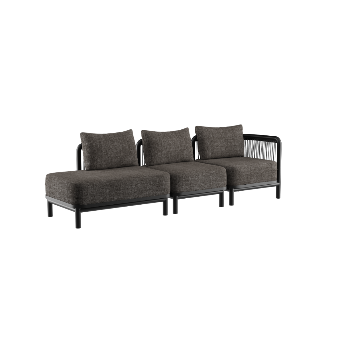 Kirra Lounge Sofa 3-seter med åpen høyre ende i svart olefin-tekstil og aluminiumsramme.