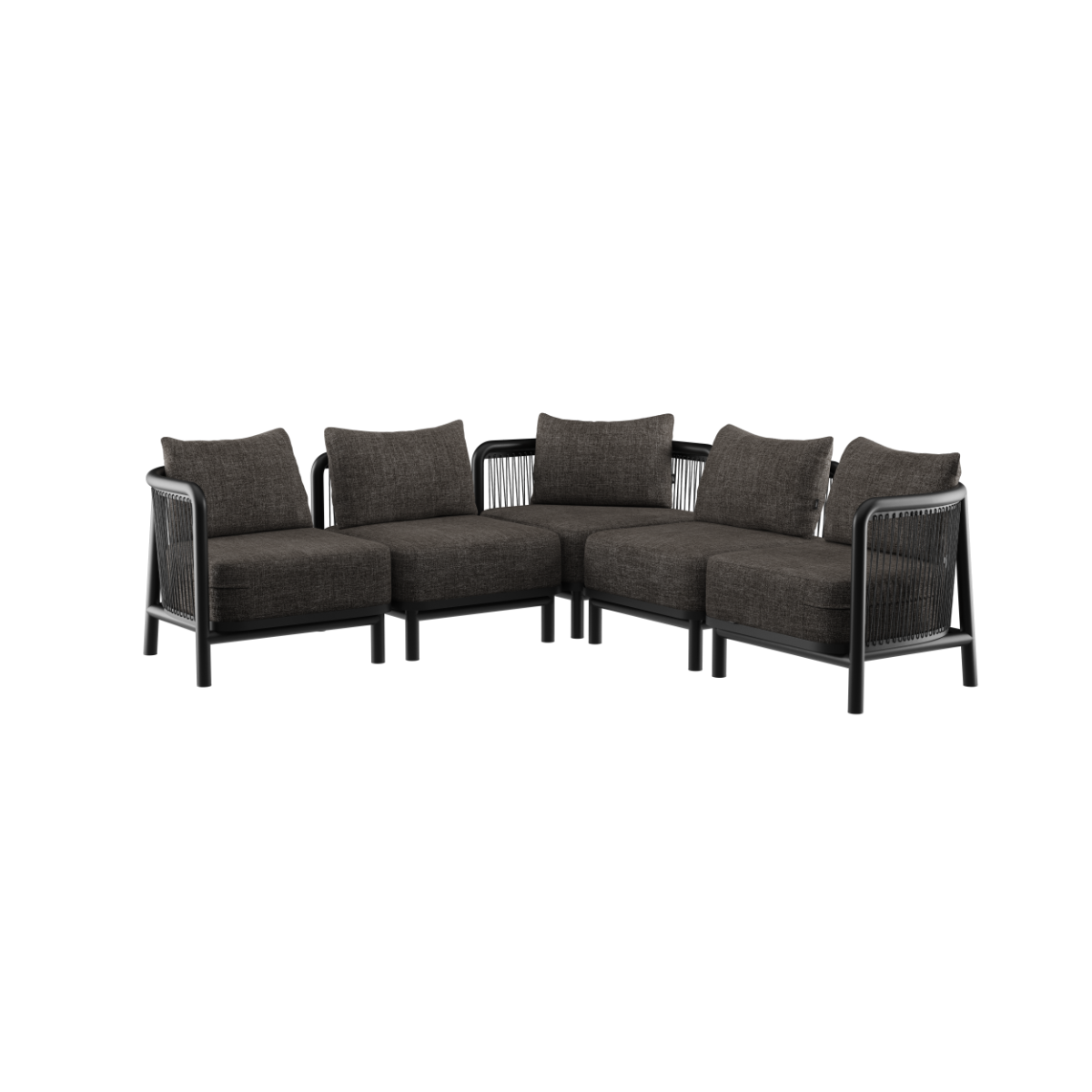 Kirra Lounge Sofa hjørnesofa i svart med aluminiumsramme og olefin-tekstiler for utendørs bruk.