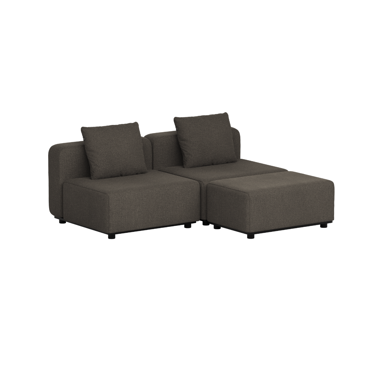 Mørkegrå modulbasert loungesofa fra sackit med to sitteplasser to ryggputer og dype sitteputer på svart bakgrunn
