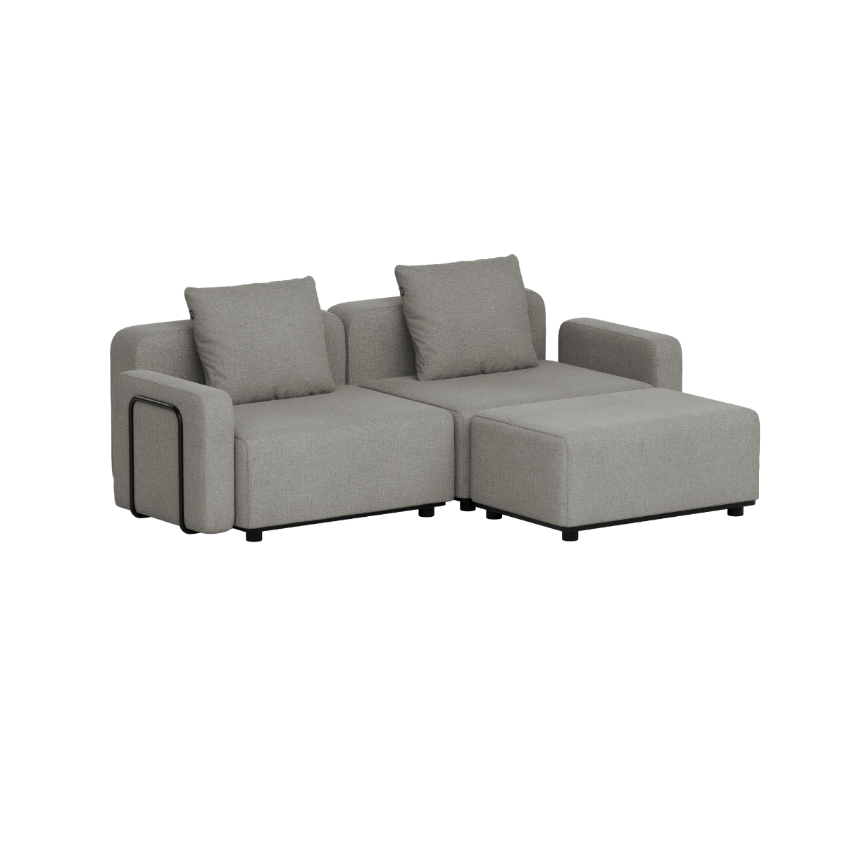 Grå modulbasert utendørs loungesofa med to sitteplasser og sjeselong fra sackit for hage og terrasse i skandinavisk design