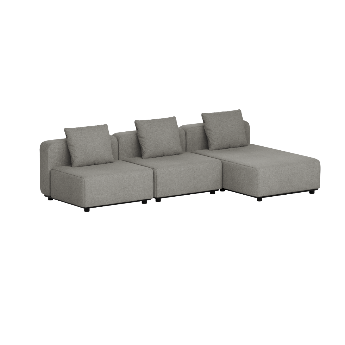Grå modulbasert loungesofa med sjeselong og puter fra sackit for nordiske uteområder og avslappende stunder på terrasse eller i hage