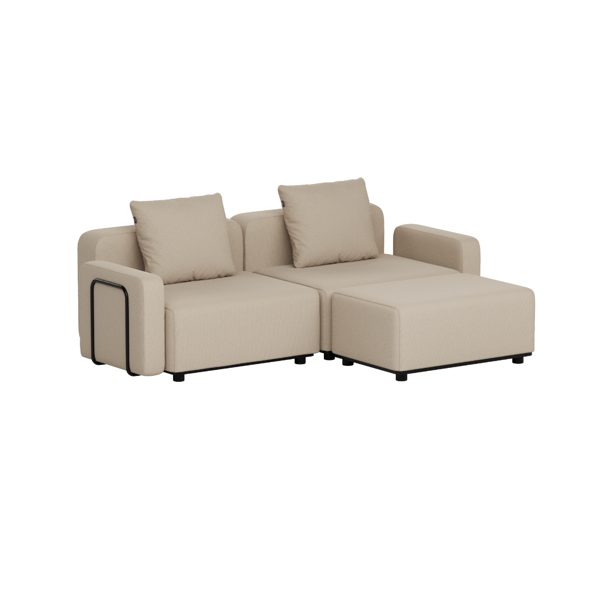 Beige modulbasert loungesofa fra sackit med to sitteplasser og bred sjeselong for hage eller terrasse designet for nordisk vær