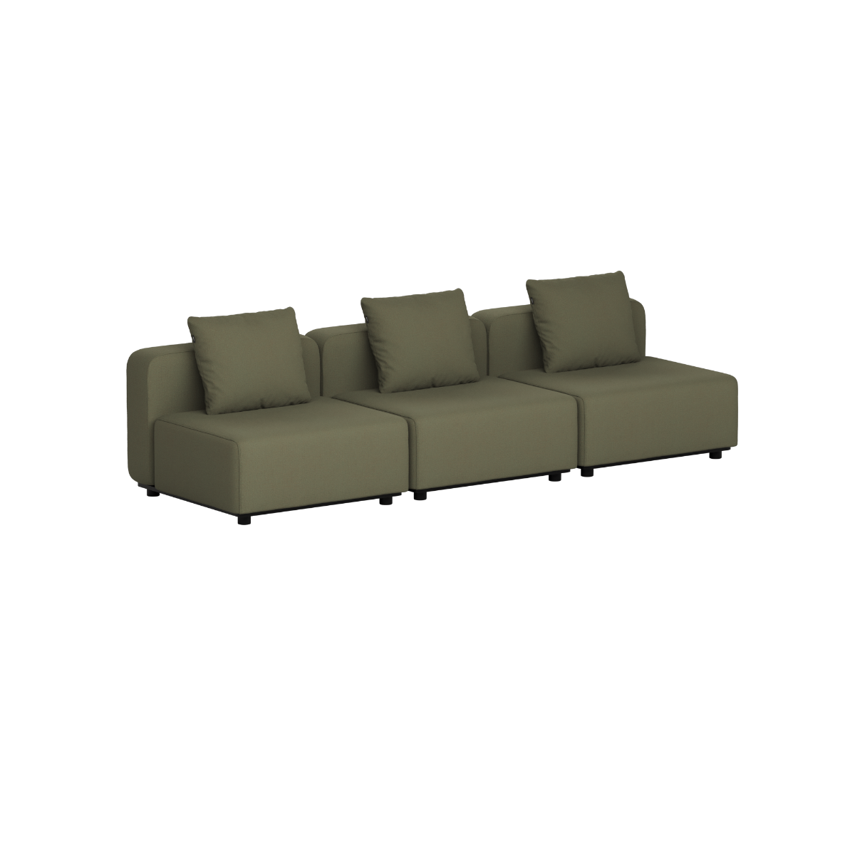 Olivengrønn modulbasert utesofa med tre brede sitteplasser og tre løse ryggputer i et stilrent skandinavisk design fra sackit