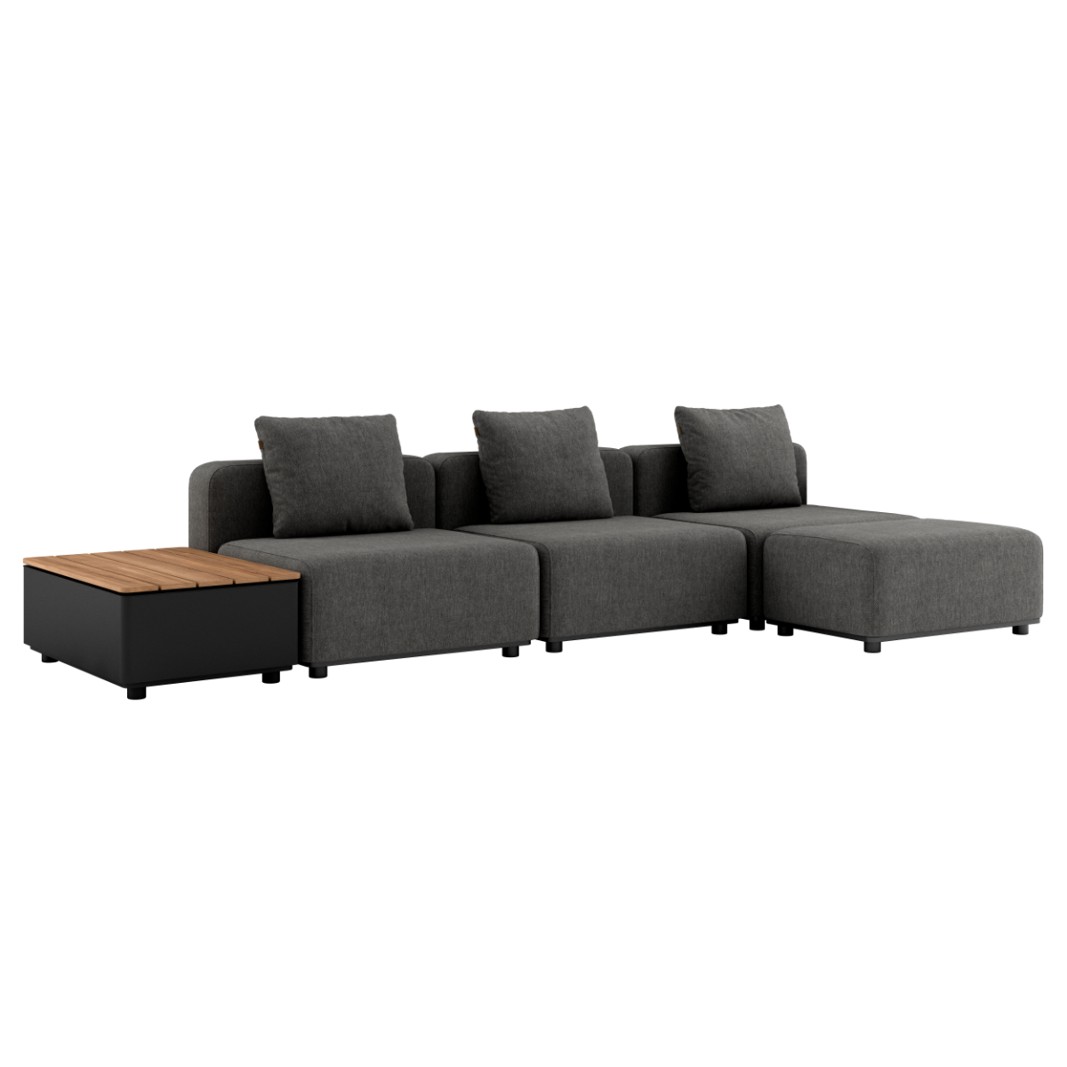 Mørkegrå modulbasert loungesofa for utebruk med tre sitteplasser, puter og integrert oppbevaringsbord i teak, designet i Danmark av sackit Norway