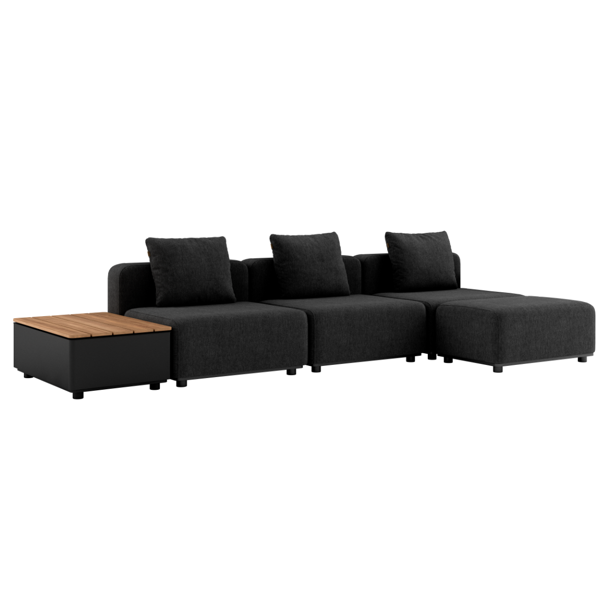 Sort modulbasert utesofa fra sackit med tre sitteplasser og tre ryggputer samt sidebord med teakplate og oppbevaring til terrasse eller hage