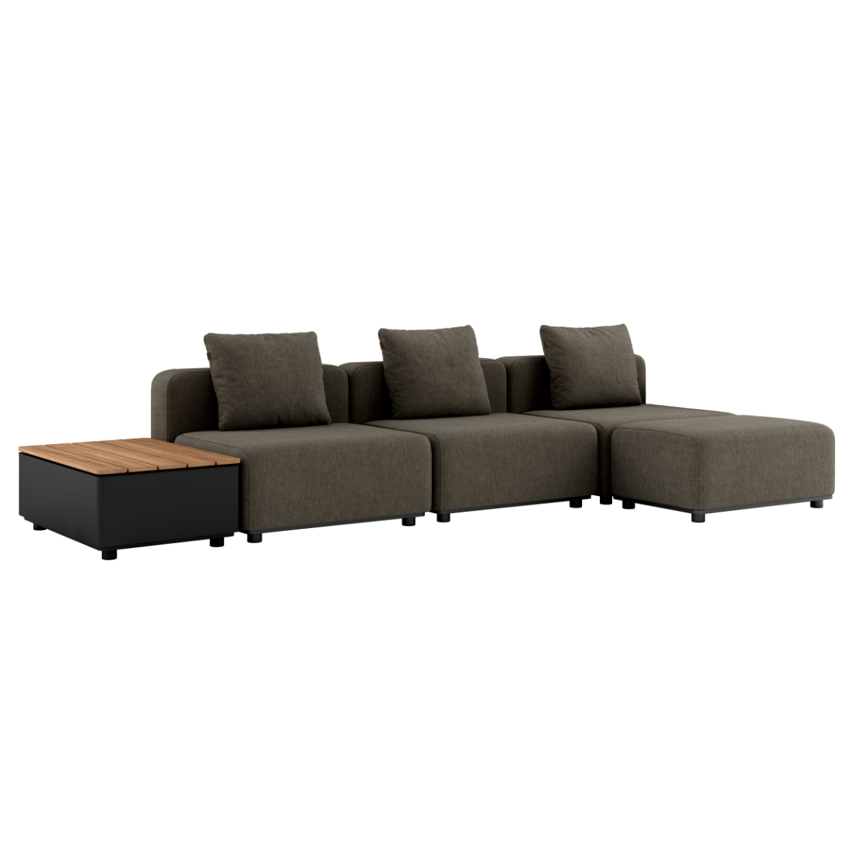 Mørkgrå modulbasert loungesofa for utebruk med tre sitteputer og integrert oppbevaringsbord i tre fra sackit designet i Danmark for nordisk vær