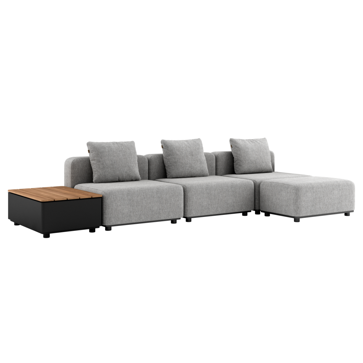Grå modulbasert utesofa fra sackit med tre sitteplasser og integrert utebord med teakplate. Skandinavisk design for terrasse og hage