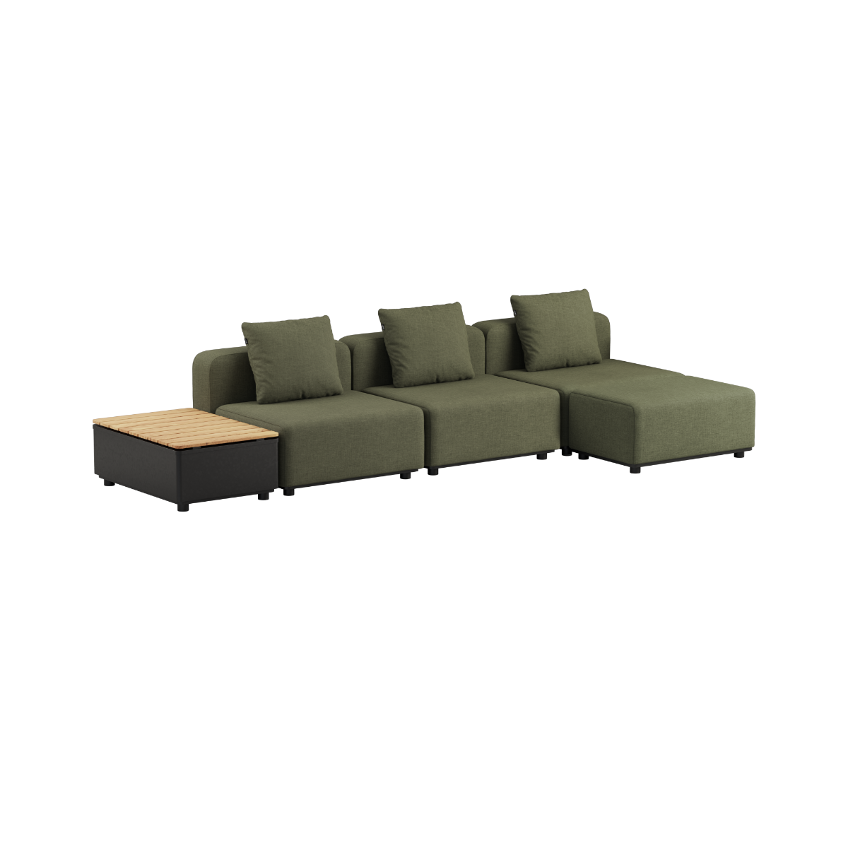 Cobana Lounge Sofa 3-seter i Kirra Olive med pulverlakkert aluminiumsramme og Patio Storage Table i teaktre.