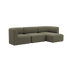 sackit Fjord sofa i olivengrønn med tre sitteplasser og høyrevendt sjeselong myke avrundede former og rolig skandinavisk design for innendørs bruk