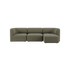 sackit Fjord sofa med tre sitteplasser og sjeselong på høyre side i mykt olivengrønt stoff med avrundet skandinavisk design