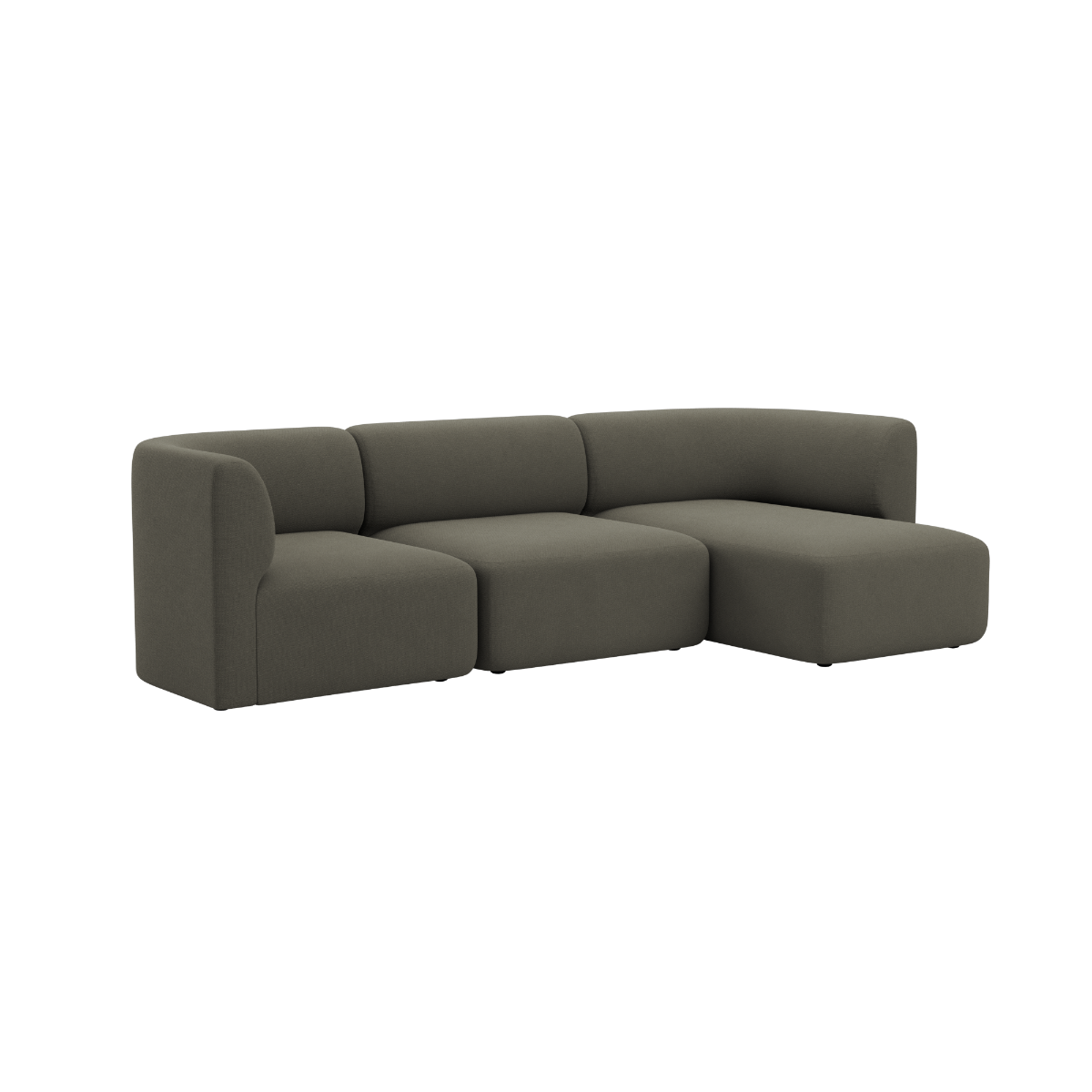 sackit Fjord sofa i mørkegrå med tre sitteplasser og høyrevendt sjeselong myke avrundede former og skandinavisk design for innendørs bruk