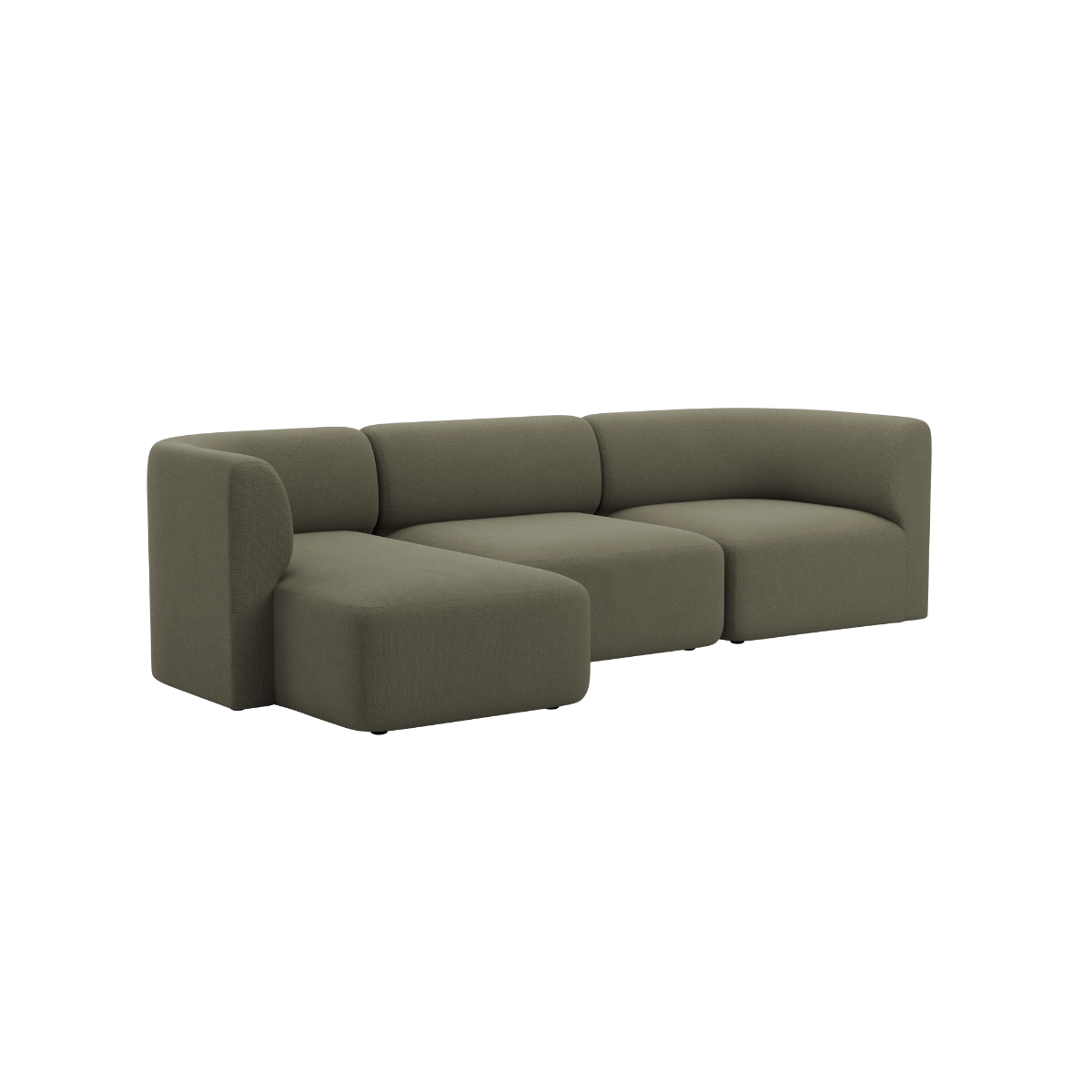 Fjord sofa med tre sitteplasser og venstrevendt sjeselong i mykt olivengrønt trekk fra sackit norway