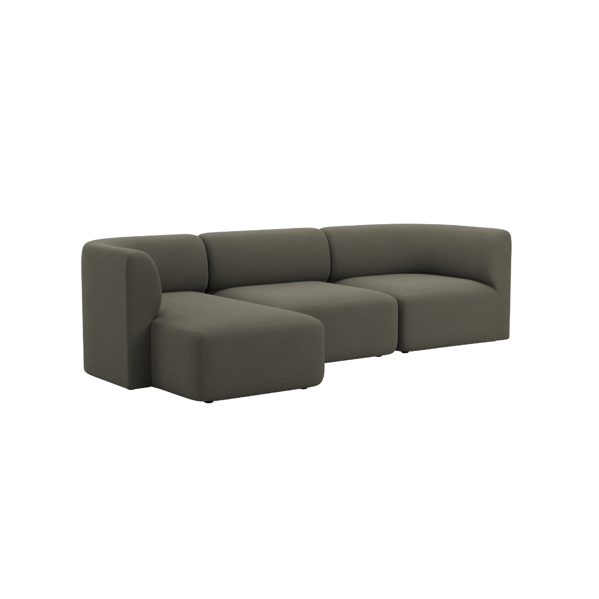 Mørk grå Fjord sofa fra sackit Norway med tre sitteplasser og venstrevendt sjeselong i mykt skandinavisk design